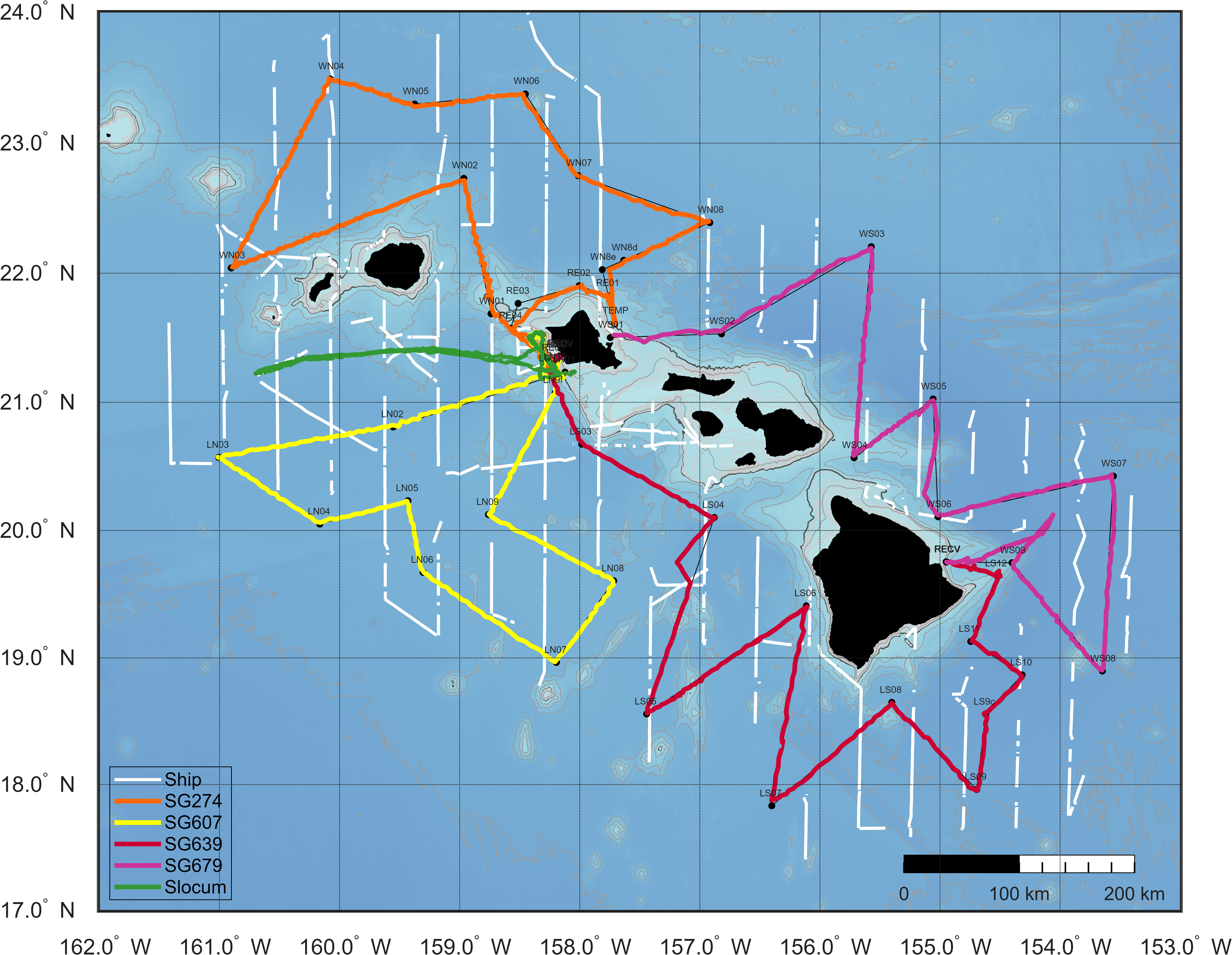 Gliders (colored lines) surveyed acoustically in the same survey area as a ship-based visual and acoustic line-transect survey (white lines) around the Main Hawaiian Islands from February to April.