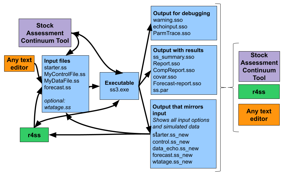 SS3 input and output files and associated tools for working with input and output files including r4ss, any text editor, and the Stock Assessment Continuum Tool