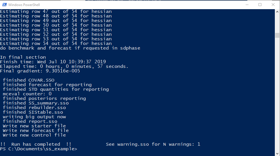 Image of command line output showing that new input files have been written, the run has completed, and to see warning.sso for N warnings.