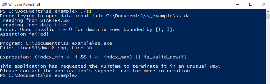 Image of command line output showing a failed run due to invalid inputs.