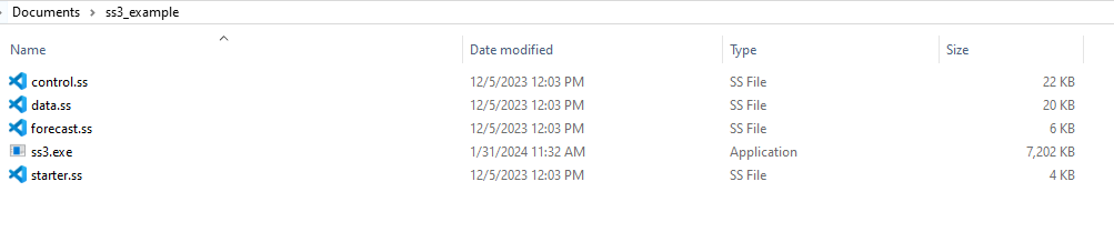 Image of file folder with the following files: control.ss, data.ss, forecast.ss, ss3.exe, starter.ss