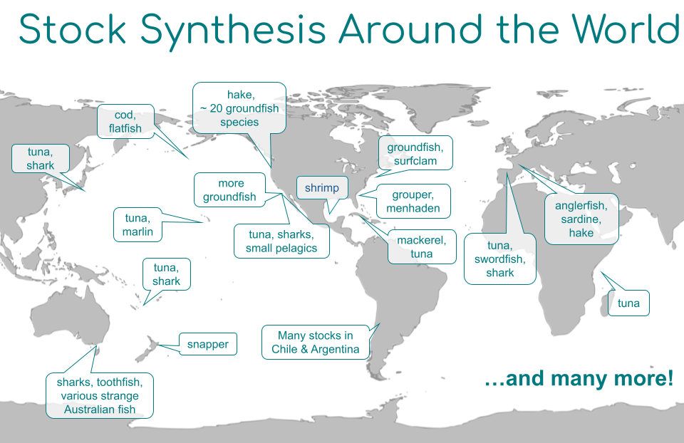 Image of a map showing where Stock Synthesis is used around the world and for which species.