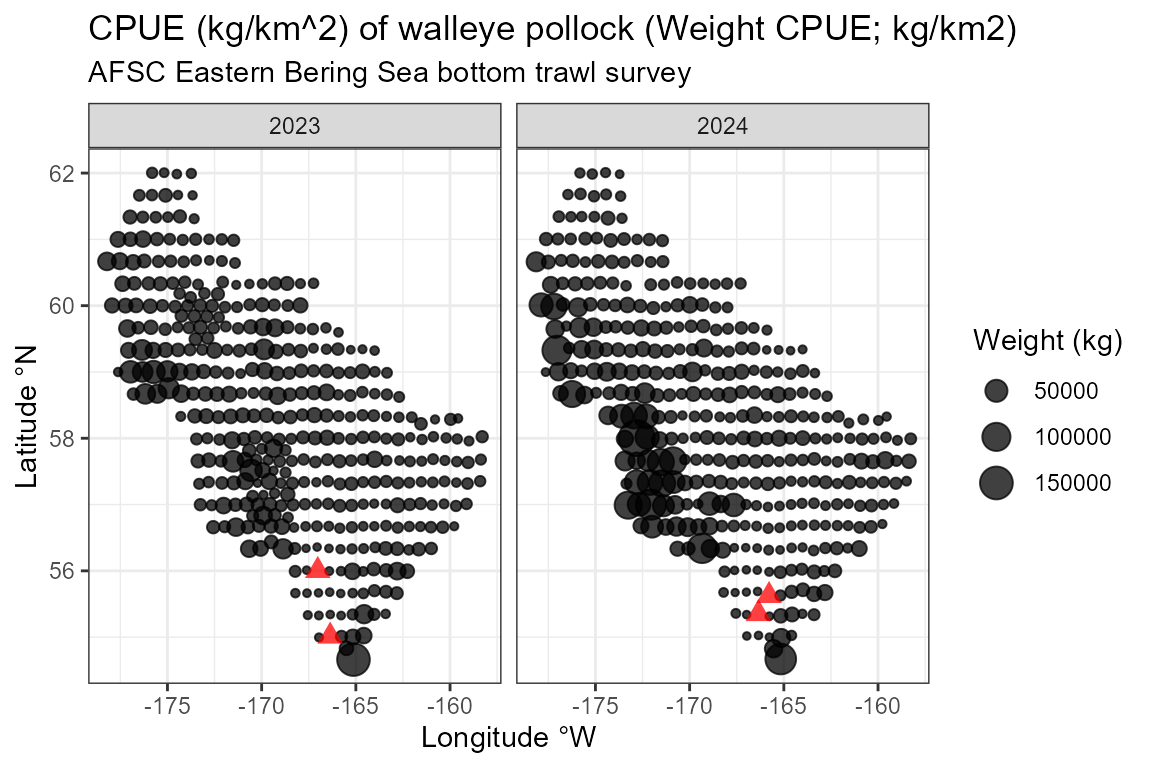 CPUE (kg/km^2) of walleye pollock (Weight CPUE; kg/km2) from 2023 and 2024 in the EBS survey. 