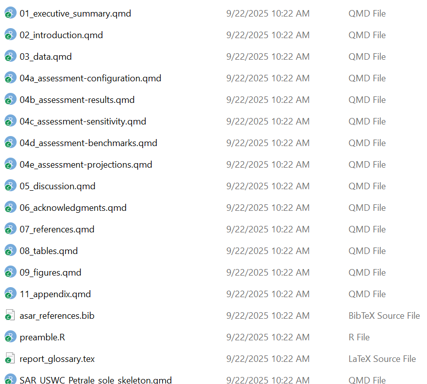 A screenshot of files that should appear in the 'report' folder, including '01_executive_summary.qmd', '02_introduction.qmd', '03_data.qmd', and more.