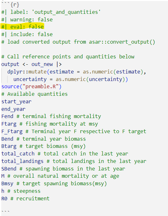 A screenshot of the preamble, with the R chunk option 'eval: false' highlighted.