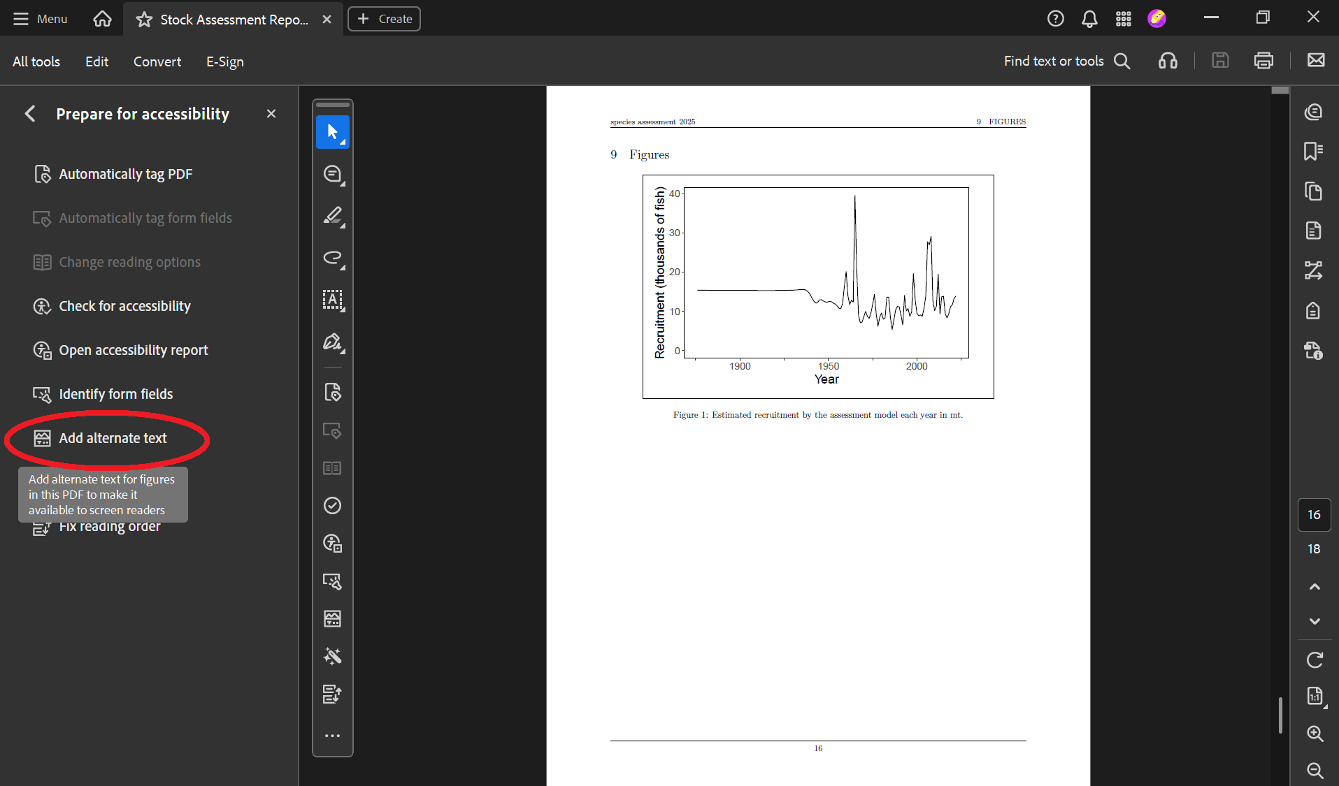 Screenshot of a document opened in Adobe. The 'Prepare for accessibility' menu shows a red oval around the 'Add alternative text' button.
