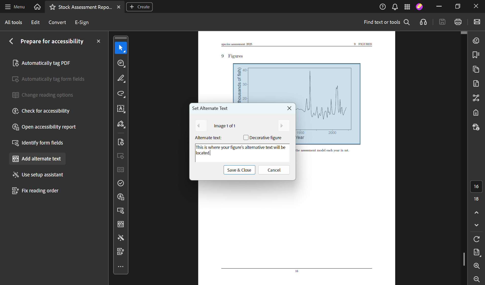 Screenshot of a document opened in Adobe. The 'Set alternative text' pop-up shows where an example image's alternative text is located.