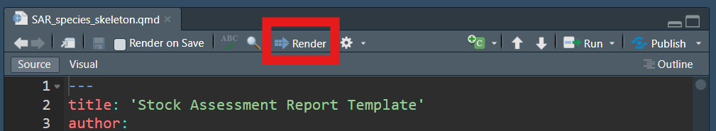 Screenshot of the RStudio console with a red rectangle highlighting the location of the 'Render' button.