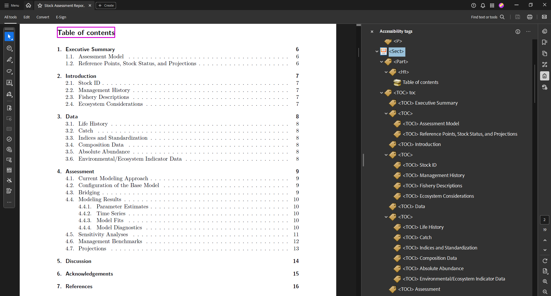 Screenshot of an example PDF-based, tagged report. The PDF is opened in Adobe and tags for the Table of Contents are shown on the right side of the screen.